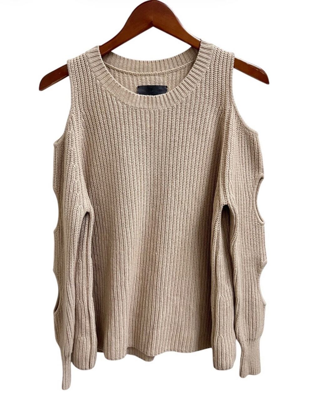 Zoe Jordan Galileo Jewel Neck Cold Shoulder Wool Sweater Cutouts Beige S M ?